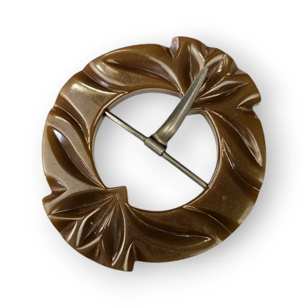 Vintage Bakelite Belt Buckle Dark Olive Green Art Deco Deep Carved 2.75